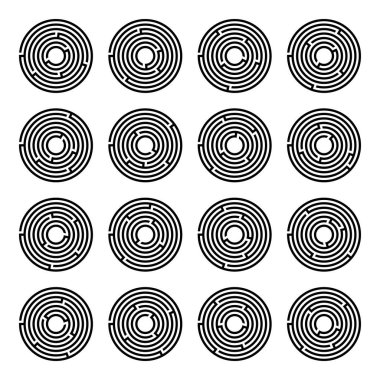 Giriş ve çıkış ile labirent oyunu. Vektör çizim eps 10. Beyaz bir arka plan üzerinde çocuklar için on altı dairesel labirentine.