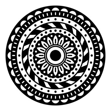 Çiçek şeklinde mandala, siyah beyaz desenli. İslam, Arapça, Pakistan, Fas, Türkçe, Hindistan, İspanya motifleri. El çizimi arkaplan, boyama kitabı ve tebrik kartı için kullanılabilir.