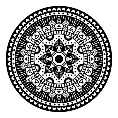 Çiçek şeklinde mandala, siyah beyaz desenli. İslam, Arapça, Pakistan, Fas, Türkçe, Hindistan, İspanya motifleri. El çizimi arkaplan, boyama kitabı ve tebrik kartı için kullanılabilir.