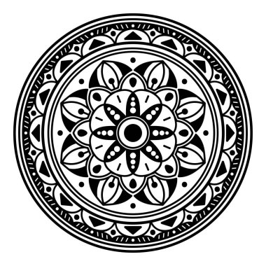 Çiçek şeklinde mandala, siyah beyaz desenli. İslam, Arapça, Pakistan, Fas, Türkçe, Hindistan, İspanya motifleri. El çizimi arkaplan, boyama kitabı ve tebrik kartı için kullanılabilir.