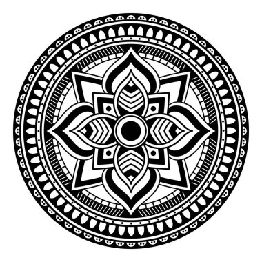 Çiçek şeklinde mandala, siyah beyaz desenli. İslam, Arapça, Pakistan, Fas, Türkçe, Hindistan, İspanya motifleri. El çizimi arkaplan, boyama kitabı ve tebrik kartı için kullanılabilir.