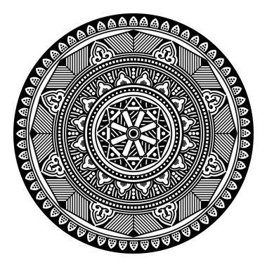 Çiçek şeklinde mandala, siyah beyaz desenli. İslam, Arapça, Pakistan, Fas, Türkçe, Hindistan, İspanya motifleri. El çizimi arkaplan, boyama kitabı ve tebrik kartı için kullanılabilir.