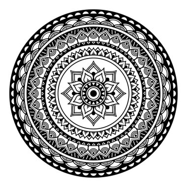 Çiçek şeklinde mandala, siyah beyaz desenli. İslam, Arapça, Pakistan, Fas, Türkçe, Hindistan, İspanya motifleri. El çizimi arkaplan, boyama kitabı ve tebrik kartı için kullanılabilir.