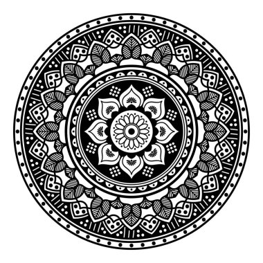 Çiçek şeklinde mandala, siyah beyaz desenli. İslam, Arapça, Pakistan, Fas, Türkçe, Hindistan, İspanya motifleri. El çizimi arkaplan, boyama kitabı ve tebrik kartı için kullanılabilir.