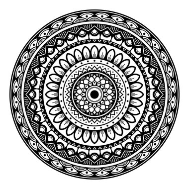 Çiçek şeklinde mandala, siyah beyaz desenli. İslam, Arapça, Pakistan, Fas, Türkçe, Hindistan, İspanya motifleri. El çizimi arkaplan, boyama kitabı ve tebrik kartı için kullanılabilir.