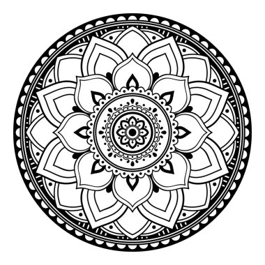 Çiçek şeklinde mandala, siyah beyaz desenli. İslam, Arapça, Pakistan, Fas, Türkçe, Hindistan, İspanya motifleri. El çizimi arkaplan, boyama kitabı ve tebrik kartı için kullanılabilir.