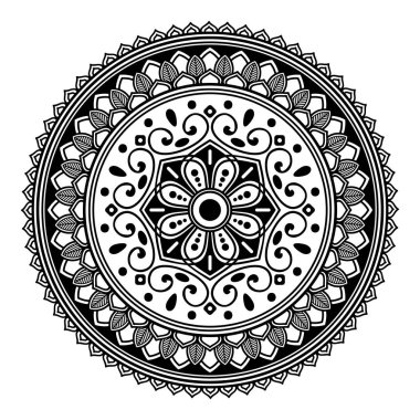 Çiçek şeklinde mandala, siyah beyaz desenli. İslam, Arapça, Pakistan, Fas, Türkçe, Hindistan, İspanya motifleri. El çizimi arkaplan, boyama kitabı ve tebrik kartı için kullanılabilir.