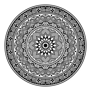 Çiçek şeklinde mandala, siyah beyaz desenli. İslam, Arapça, Pakistan, Fas, Türkçe, Hindistan, İspanya motifleri. El çizimi arkaplan, boyama kitabı ve tebrik kartı için kullanılabilir.