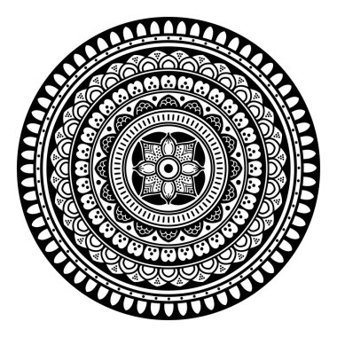 Çiçek şeklinde mandala, siyah beyaz desenli. İslam, Arapça, Pakistan, Fas, Türkçe, Hindistan, İspanya motifleri. El çizimi arkaplan, boyama kitabı ve tebrik kartı için kullanılabilir.