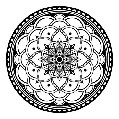 Çiçek şeklinde mandala, siyah beyaz desenli. İslam, Arapça, Pakistan, Fas, Türkçe, Hindistan, İspanya motifleri. El çizimi arkaplan, boyama kitabı ve tebrik kartı için kullanılabilir.