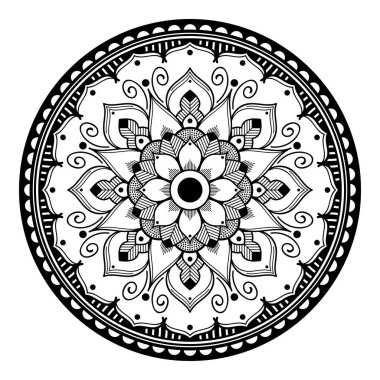 Çiçek şeklinde mandala, siyah beyaz desenli. İslam, Arapça, Pakistan, Fas, Türkçe, Hindistan, İspanya motifleri. El çizimi arkaplan, boyama kitabı ve tebrik kartı için kullanılabilir.