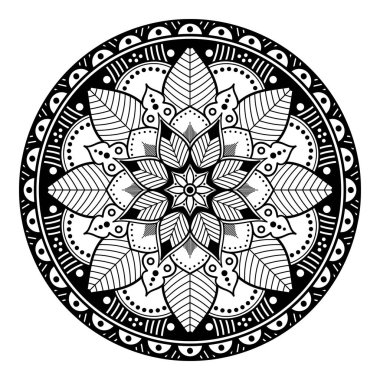 Çiçek şeklinde mandala, siyah beyaz desenli. İslam, Arapça, Pakistan, Fas, Türkçe, Hindistan, İspanya motifleri. El çizimi arkaplan, boyama kitabı ve tebrik kartı için kullanılabilir.