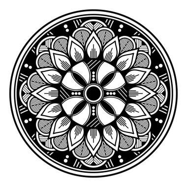 Çiçek şeklinde mandala, siyah beyaz desenli. İslam, Arapça, Pakistan, Fas, Türkçe, Hindistan, İspanya motifleri. El çizimi arkaplan, boyama kitabı ve tebrik kartı için kullanılabilir.