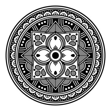 Çiçek şeklinde mandala, siyah beyaz desenli. İslam, Arapça, Pakistan, Fas, Türkçe, Hindistan, İspanya motifleri. El çizimi arkaplan, boyama kitabı ve tebrik kartı için kullanılabilir.