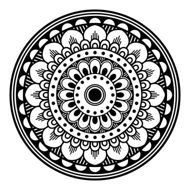 Çiçek şeklinde mandala, siyah beyaz desenli. İslam, Arapça, Pakistan, Fas, Türkçe, Hindistan, İspanya motifleri. El çizimi arkaplan, boyama kitabı ve tebrik kartı için kullanılabilir.