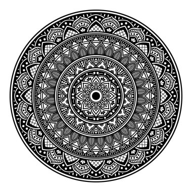 Çiçek şeklinde mandala, siyah beyaz desenli. İslam, Arapça, Pakistan, Fas, Türkçe, Hindistan, İspanya motifleri. El çizimi arkaplan, boyama kitabı ve tebrik kartı için kullanılabilir.