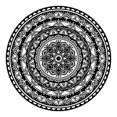 Çiçek şeklinde mandala, siyah beyaz desenli. İslam, Arapça, Pakistan, Fas, Türkçe, Hindistan, İspanya motifleri. El çizimi arkaplan, boyama kitabı ve tebrik kartı için kullanılabilir.