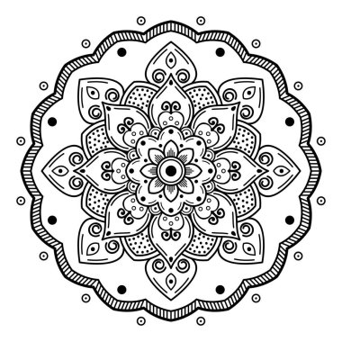 Boyama kitabı, tebrik kartı, telefon kılıfı baskısı için mandala şeklinde dairesel desen. Stres önleyici terapi kalıpları, yetişkinler için boyama. El çizimi arkaplan, soyut yuvarlak süs.