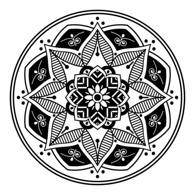 Dekoratif yuvarlak süs, siyah-beyaz, beyaz üzerine izole edilmiş. Tatil için iyi bir dekor. Baskı ve lazer kesimi için mükemmel..