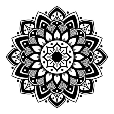 Dekoratif yuvarlak süs, siyah-beyaz, beyaz üzerine izole edilmiş. Tatil için iyi bir dekor. Baskı ve lazer kesimi için mükemmel..