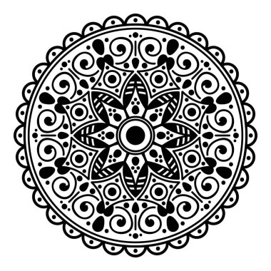 Dekoratif yuvarlak süs, siyah-beyaz, beyaz üzerine izole edilmiş. Tatil için iyi bir dekor. Baskı ve lazer kesimi için mükemmel..