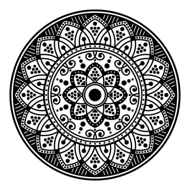 Dekoratif yuvarlak süs, siyah-beyaz, beyaz üzerine izole edilmiş. Tatil için iyi bir dekor. Baskı ve lazer kesimi için mükemmel..