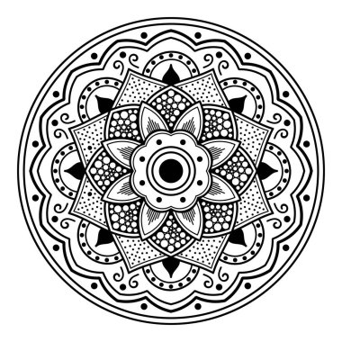 Dekoratif yuvarlak süs, siyah-beyaz, beyaz üzerine izole edilmiş. Tatil için iyi bir dekor. Baskı ve lazer kesimi için mükemmel..