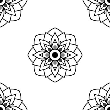 Mandala kusursuz siyah beyaz desenli. İslam, Arapça, Pakistan, Fas, Türkçe, Hindistan, İspanya motifleri. Vektör illüstrasyonu Eps 10