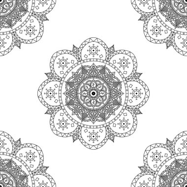 Mandala kusursuz siyah beyaz desenli. İslam, Arapça, Pakistan, Fas, Türkçe, Hindistan, İspanya motifleri. Vektör illüstrasyonu Eps 10