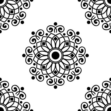 Mandala kusursuz siyah beyaz desenli. İslam, Arapça, Pakistan, Fas, Türkçe, Hindistan, İspanya motifleri. Vektör illüstrasyonu Eps 10