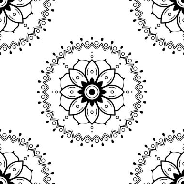 Mandala kusursuz siyah beyaz desenli. İslam, Arapça, Pakistan, Fas, Türkçe, Hindistan, İspanya motifleri. Vektör illüstrasyonu Eps 10