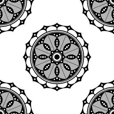 Mandala kusursuz siyah beyaz desenli. İslam, Arapça, Pakistan, Fas, Türkçe, Hindistan, İspanya motifleri. Vektör illüstrasyonu Eps 10