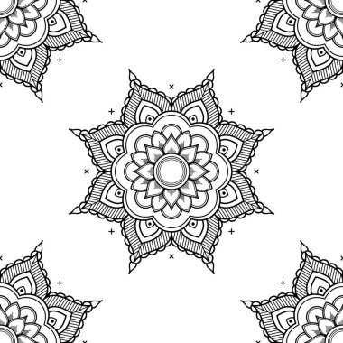 Mandala kusursuz siyah beyaz desenli. İslam, Arapça, Pakistan, Fas, Türkçe, Hindistan, İspanya motifleri. Vektör illüstrasyonu Eps 10