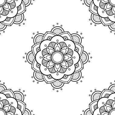 Mandala kusursuz siyah beyaz desenli. İslam, Arapça, Pakistan, Fas, Türkçe, Hindistan, İspanya motifleri. Vektör illüstrasyonu Eps 10