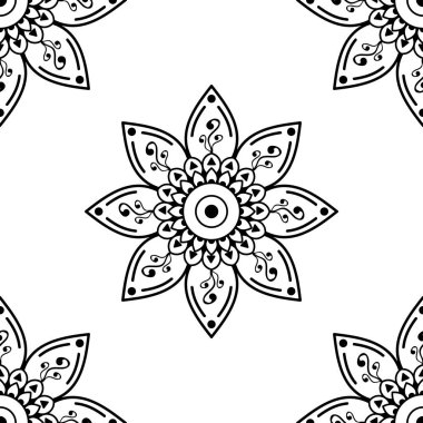 Mandala kusursuz siyah beyaz desenli. İslam, Arapça, Pakistan, Fas, Türkçe, Hindistan, İspanya motifleri. Vektör illüstrasyonu Eps 10