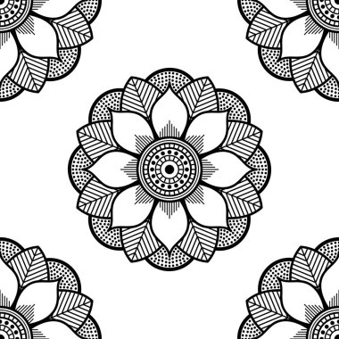 Mandala kusursuz siyah beyaz desenli. İslam, Arapça, Pakistan, Fas, Türkçe, Hindistan, İspanya motifleri. Vektör illüstrasyonu Eps 10