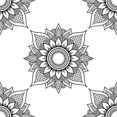 Mandala kusursuz siyah beyaz desenli. İslam, Arapça, Pakistan, Fas, Türkçe, Hindistan, İspanya motifleri. Vektör illüstrasyonu Eps 10