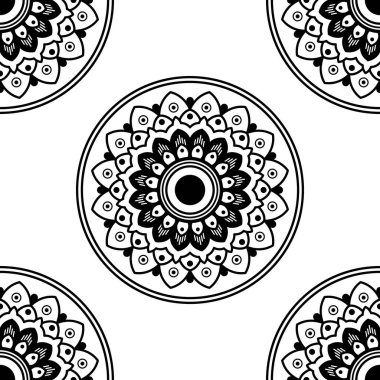 Mandala kusursuz siyah beyaz desenli. İslam, Arapça, Pakistan, Fas, Türkçe, Hindistan, İspanya motifleri. Vektör illüstrasyonu Eps 10