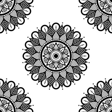 Mandala kusursuz siyah beyaz desenli. İslam, Arapça, Pakistan, Fas, Türkçe, Hindistan, İspanya motifleri. Vektör illüstrasyonu Eps 10