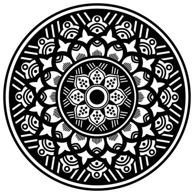 Lazer kesimi için mandala şeklinde dekoratif el yapımı yuvarlak desen. Vektör beyazda izole edildi.