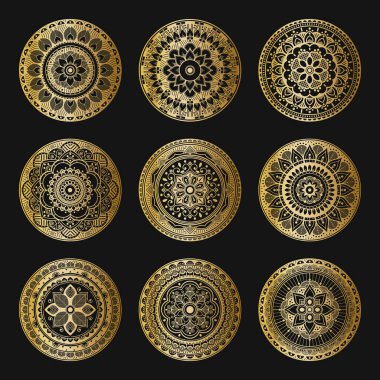 Siyah arka planda altın mandalalar. Soyut lüks dekor. İslam, Arapça, Pakistan, Fas, Türkçe, Hindistan, İspanya motifleri. Tekstil, davetiye, pankart için kullanılabilir.