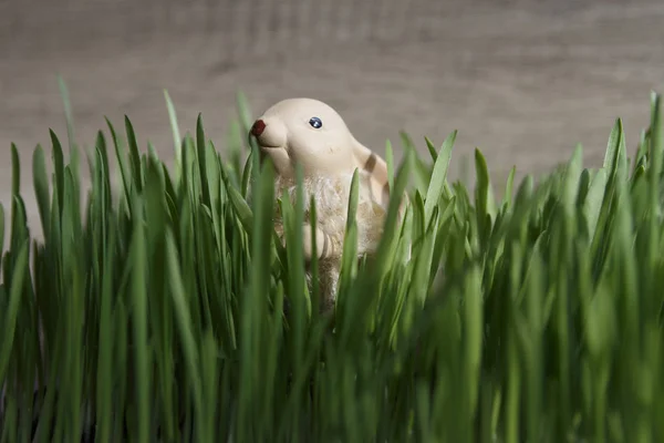 녹색 잔디에 장난감 토끼 — 스톡 사진