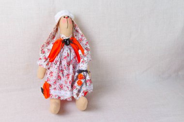 çiçekler ve başında bir bere ile bir oyuncak tavşan bir Fransızca beyaz elbise