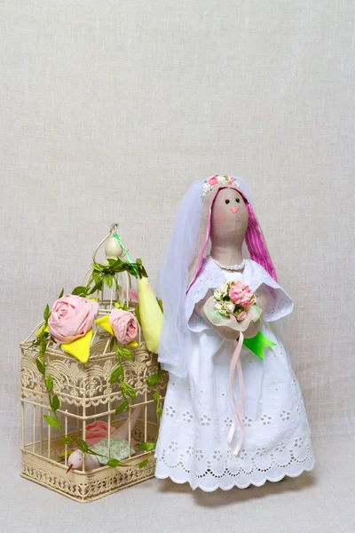 Easter rabbit, bunny toys in shape wedding. Textile bride. tilda — Stock Photo, Image