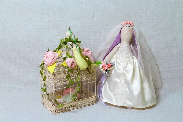 Easter rabbit, bunny toys in shape wedding. Textile bride. tilda — Stock Photo, Image
