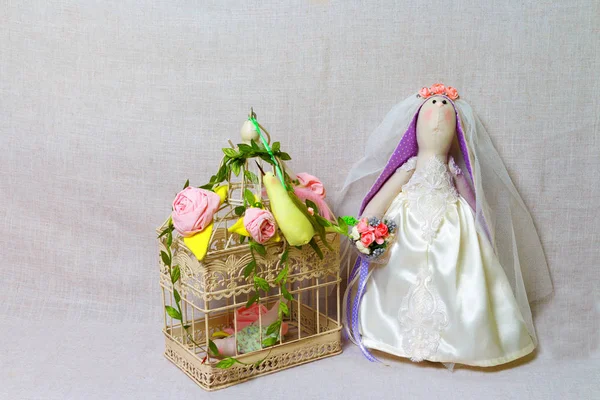 Easter rabbit, bunny toys in shape wedding. Textile bride. tilda — Stock Photo, Image