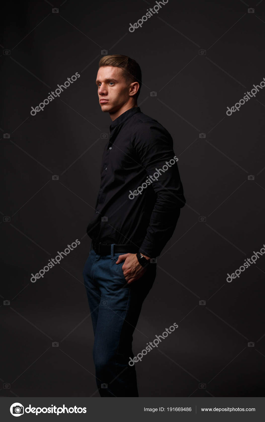 black shirt with dark blue pants