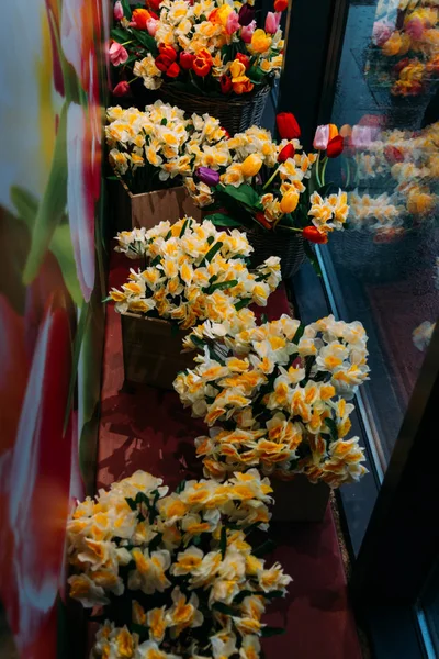 Bouquets of yellow daffodils and red tulips stand in flower beds on a glass showcase — Stock Photo, Image