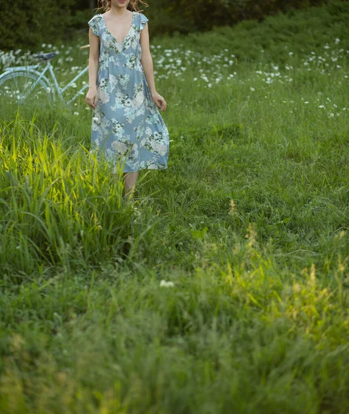 Menina bonita ao pôr do sol no verão em um campo com uma flor na mão, caminha no verão, vai, o sol está brilhando — Fotografia de Stock