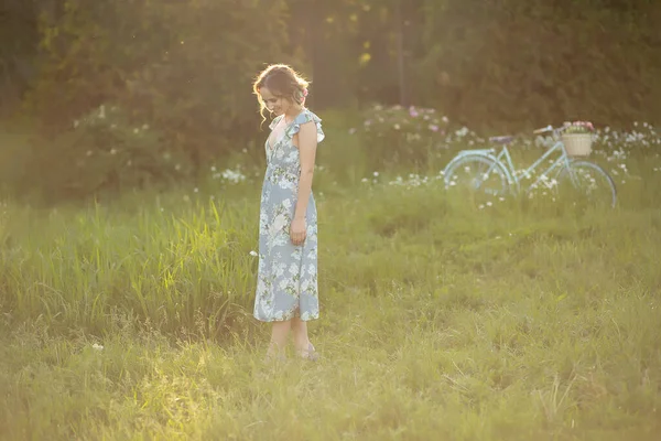 Krásná dívka při západu slunce v létě na poli s květinou v ruce, procházky v létě, jde, slunce svítí — Stock fotografie